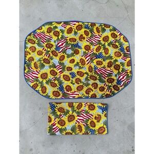 Sunflowers & American Flag Blue Cotton Placemats Napkins Vtg Set 14 Patriotic